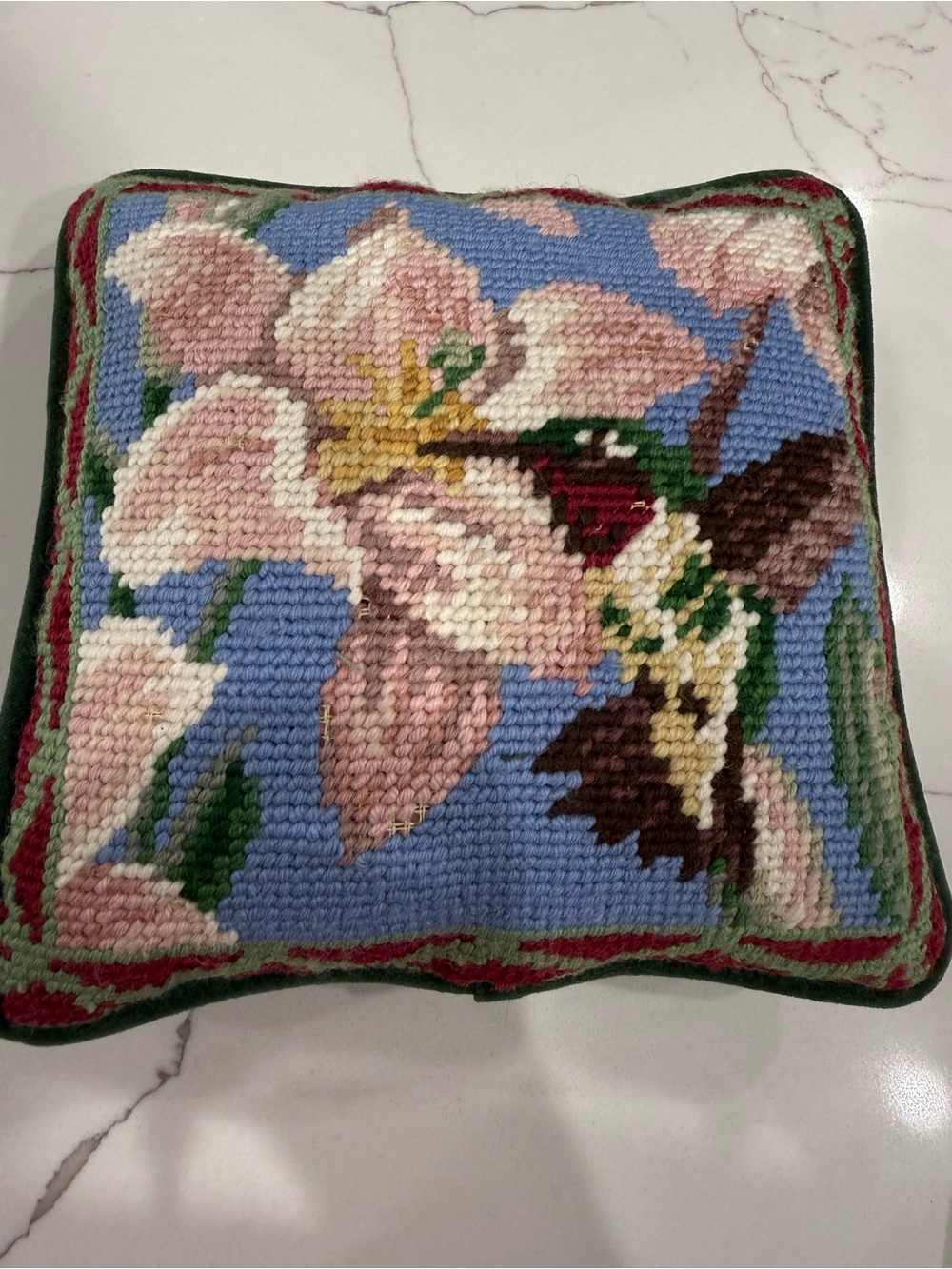 7x7 Small Needlepoint Throw Pillow Hummingbird and Flower & Green Velvet Back - Picture 2 of 5